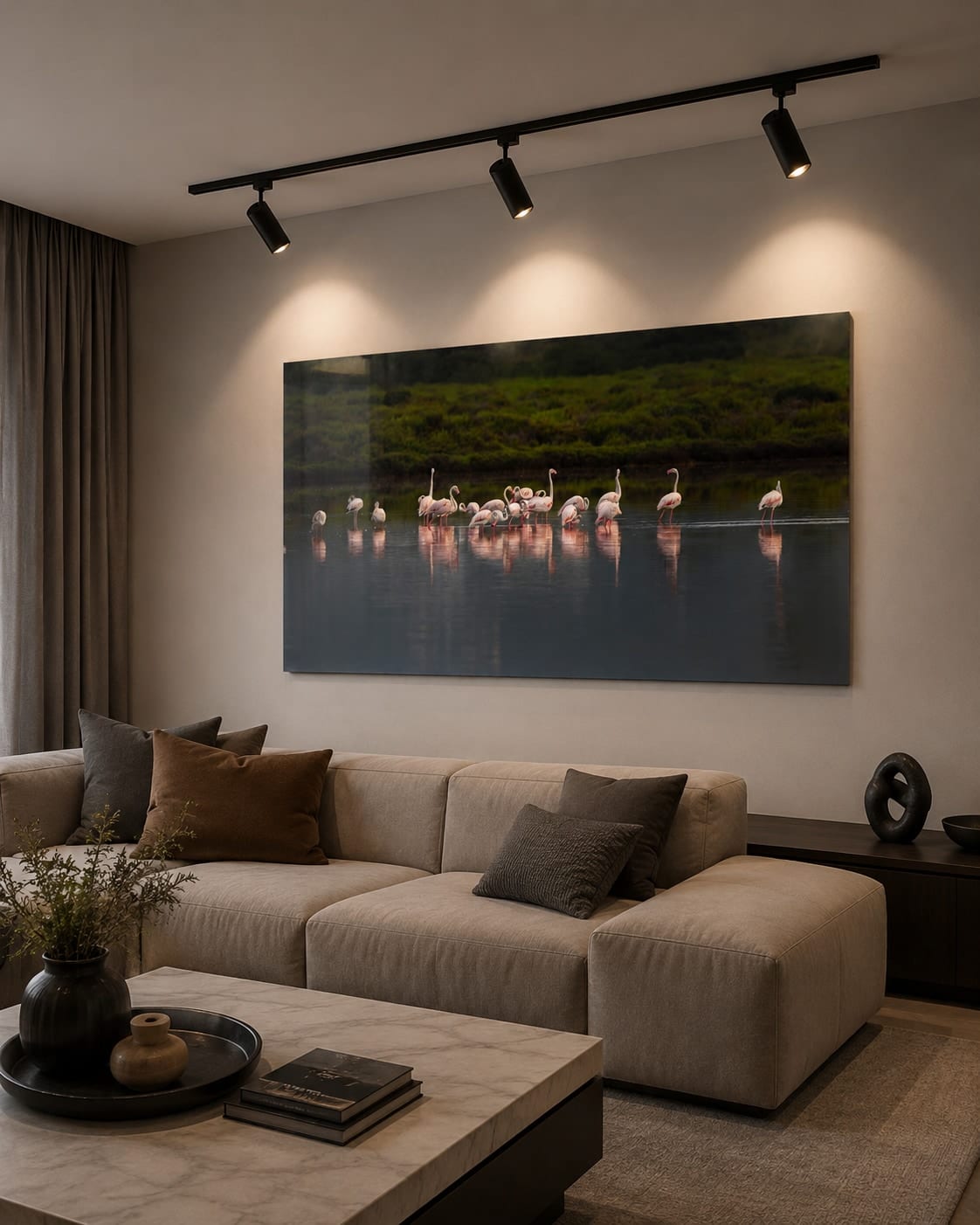 Artwork visualization of Flamingos of Ibiza 1 in an interior (view 1)