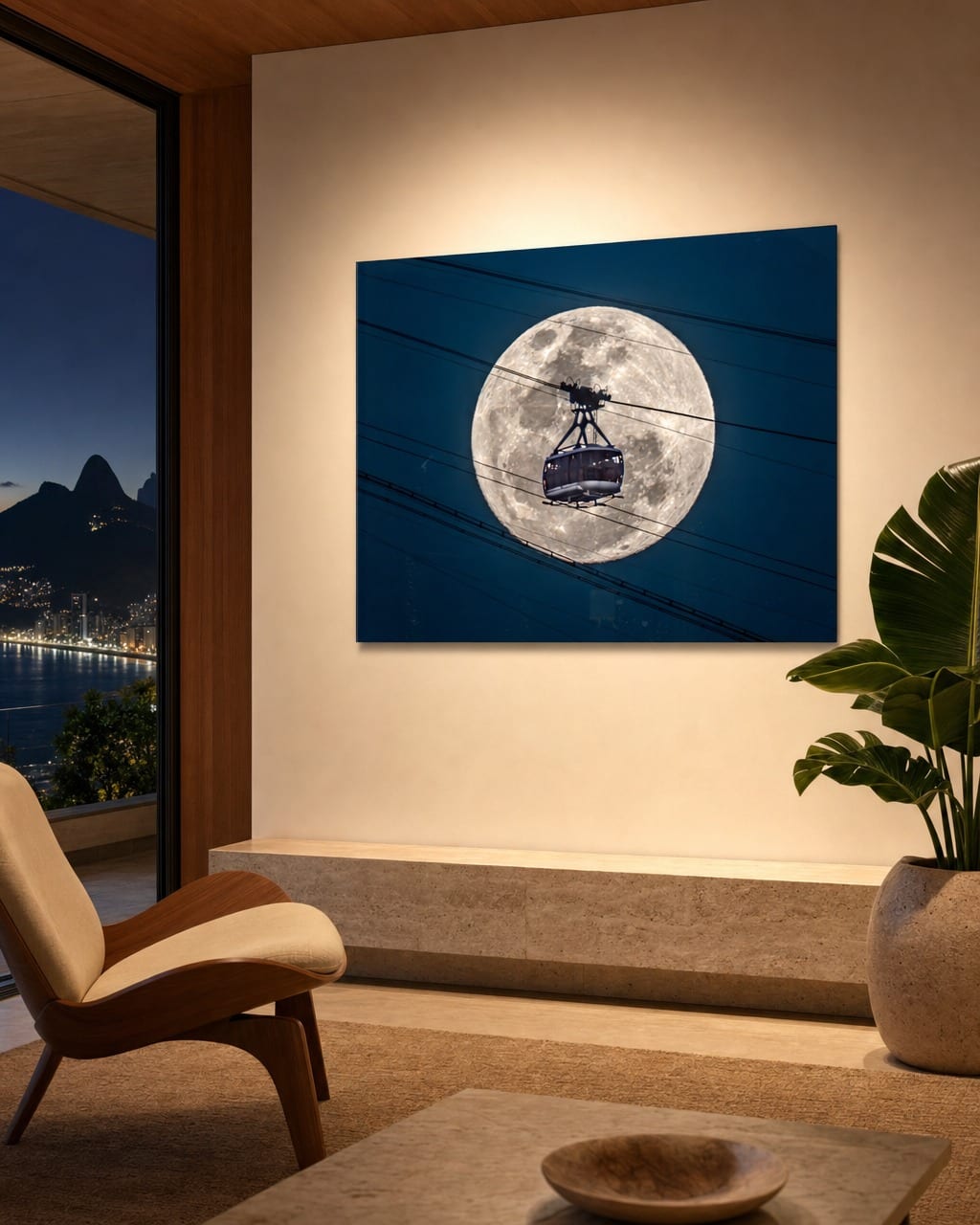 Ambientação da obra Lua e Bondinho do Pão de Açúcar em um interior (visualização 1)
