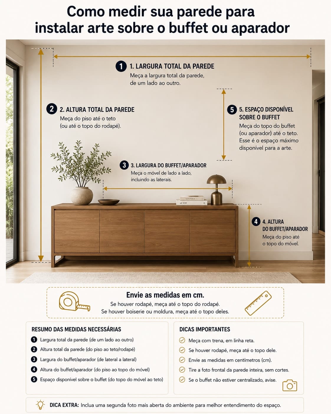 Infográfico de medição do ambiente: Sala com Buffet