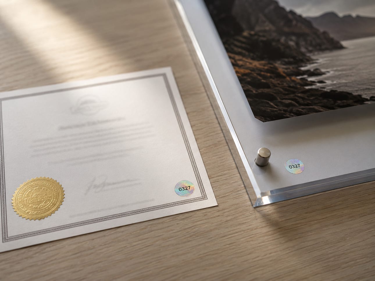 O certificado de autenticidade assinado e a obra: hologramas pareados, o mesmo número de série nos dois.