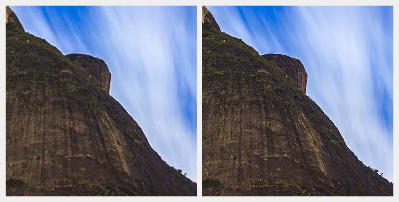 O mesmo recorte da mesma obra, Pedra da Gávea 480: à esquerda, o arquivo que o Instagram serve, ampliado; à direita, o mesmo pedaço no arquivo original.